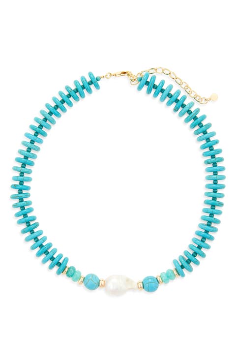 Beaded Turquoise Disc & Freshwater Pearl Necklace
