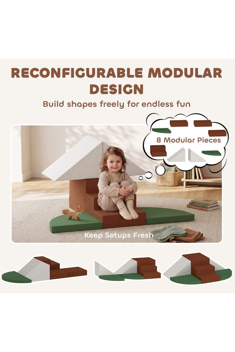 Toddlers Foam Climbing Blocks with Velvet Fabric, 8 Piece Baby Climbing Toys with 28D High-Density Foam, Non-Slip Design Brown, Alternate, color, Brown