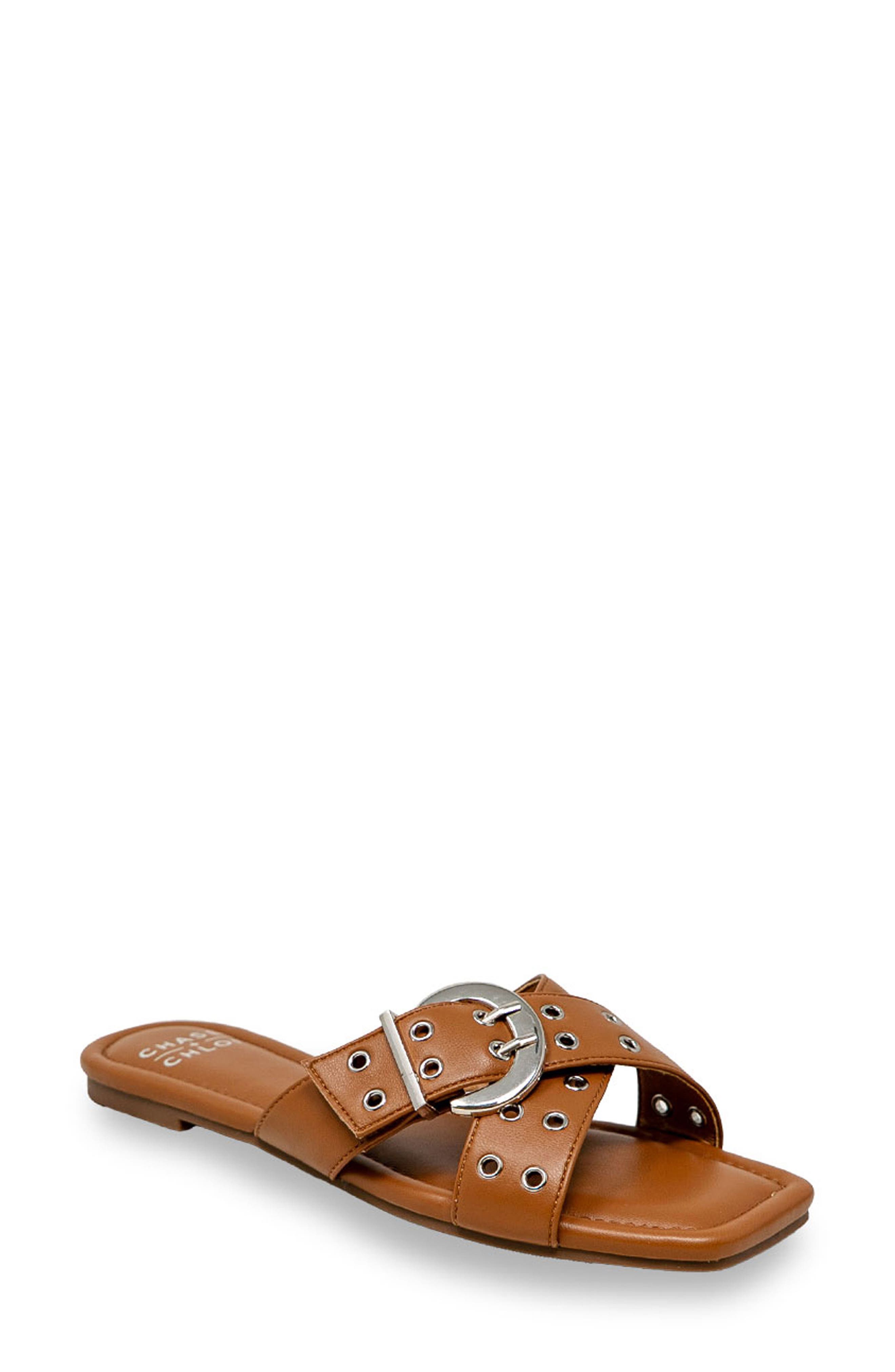 Grommet Cross Strap Slide Sandal, Main, color, TAN PU
