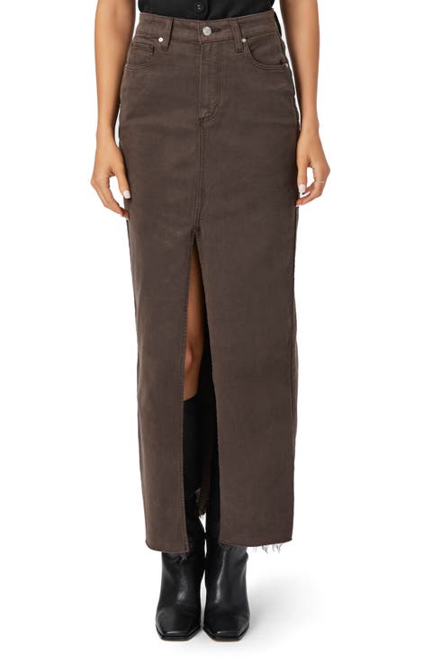 Angela Raw Hem Denim Maxi Skirt (Vintage Chocolate Raisin)