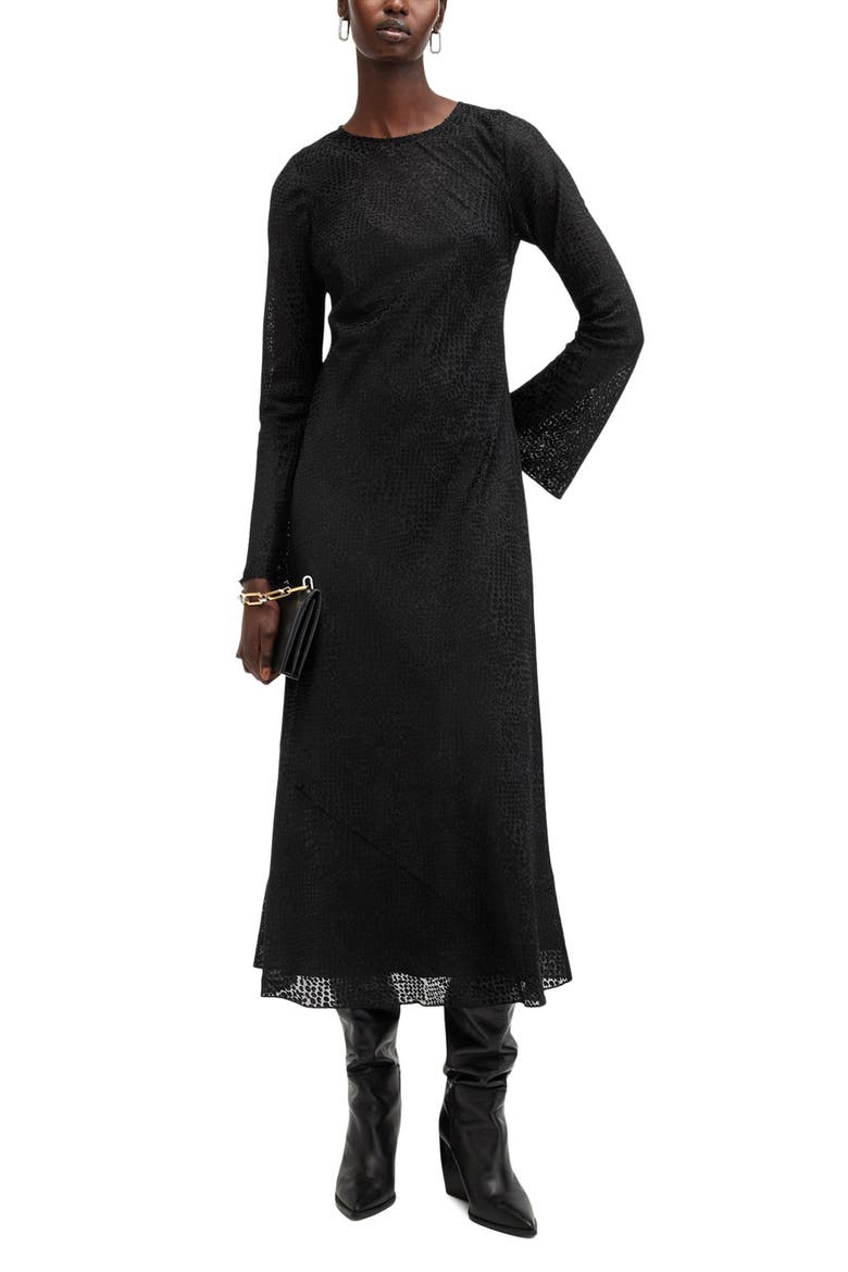 Jada Animal Print Long Sleeve Silk Midi Dress, Alternate, color, BLACK