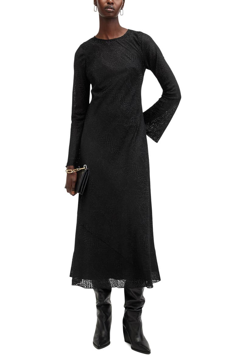 AllSaints Jada Animal Print Long Sleeve Silk Midi Dress, Alternate, color, Black
