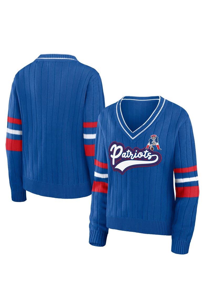 Women's WEAR by Erin Andrews Royal New England Patriots Throwback V-Neck Sweater, Main, color, Royal
