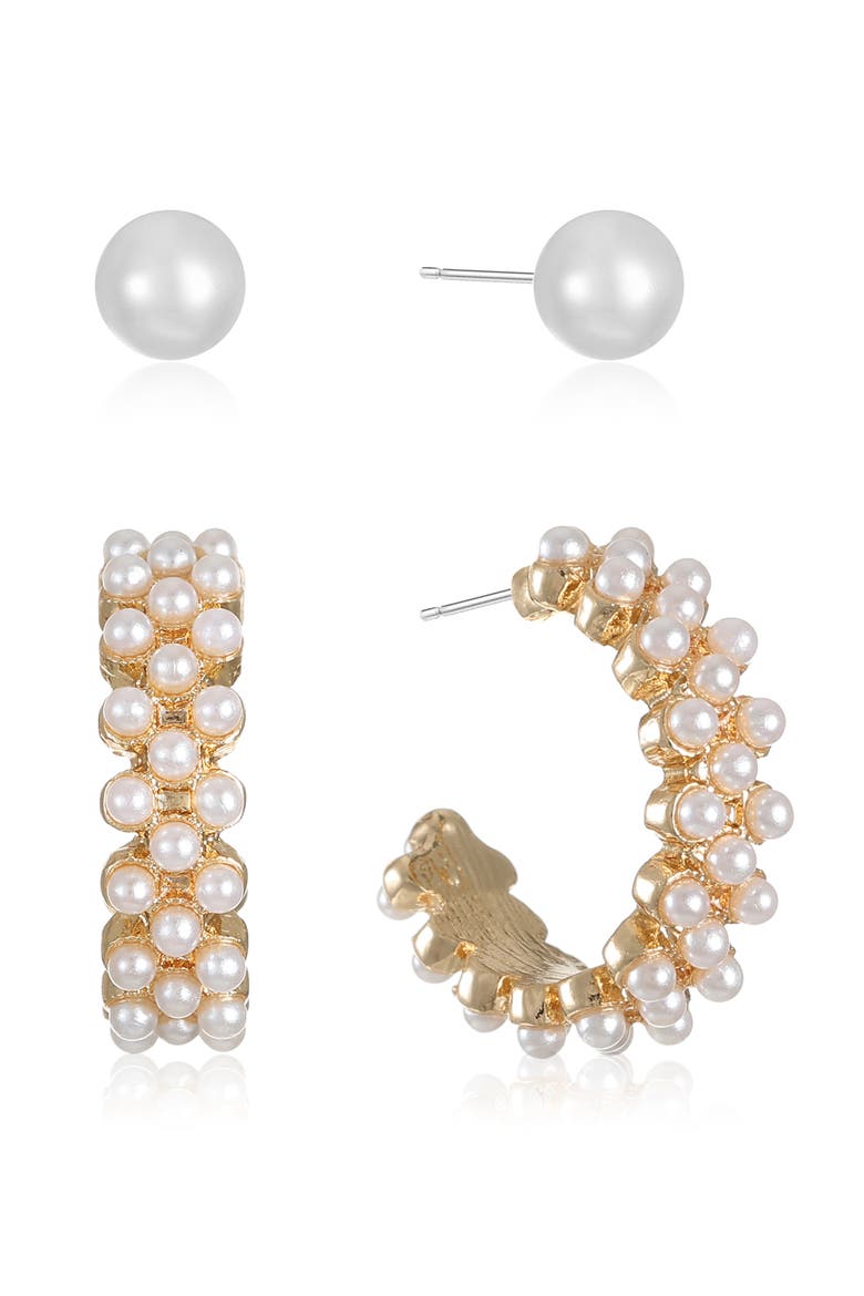 Set of 2 Faux Pearl & Hoop Earrings, Alternate, color, GOLD