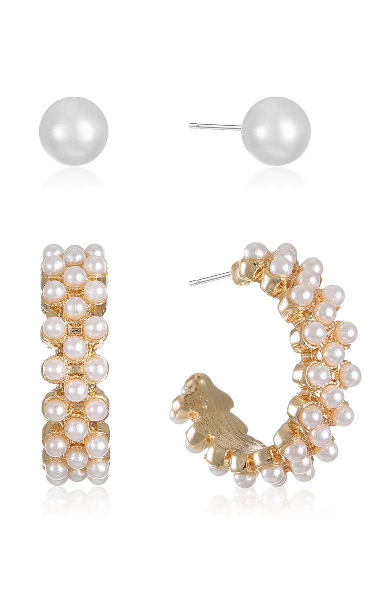 Ettika Set of 2 Faux Pearl & Hoop Earrings, Alternate, color, Gold