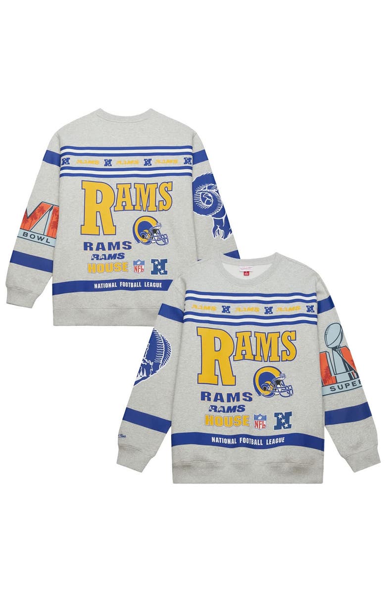 Mitchell & Ness Men's Mitchell & Ness Heather Gray Los Angeles Rams All Over Print Vintage Fleece Crewneck Sweatshirt, Main, color, Heather Gray