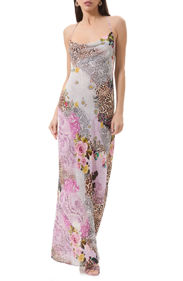 AFRM Izel Mix Print Maxi Slip Dress with Removable Cape, Alternate, color, Natural Patchwork