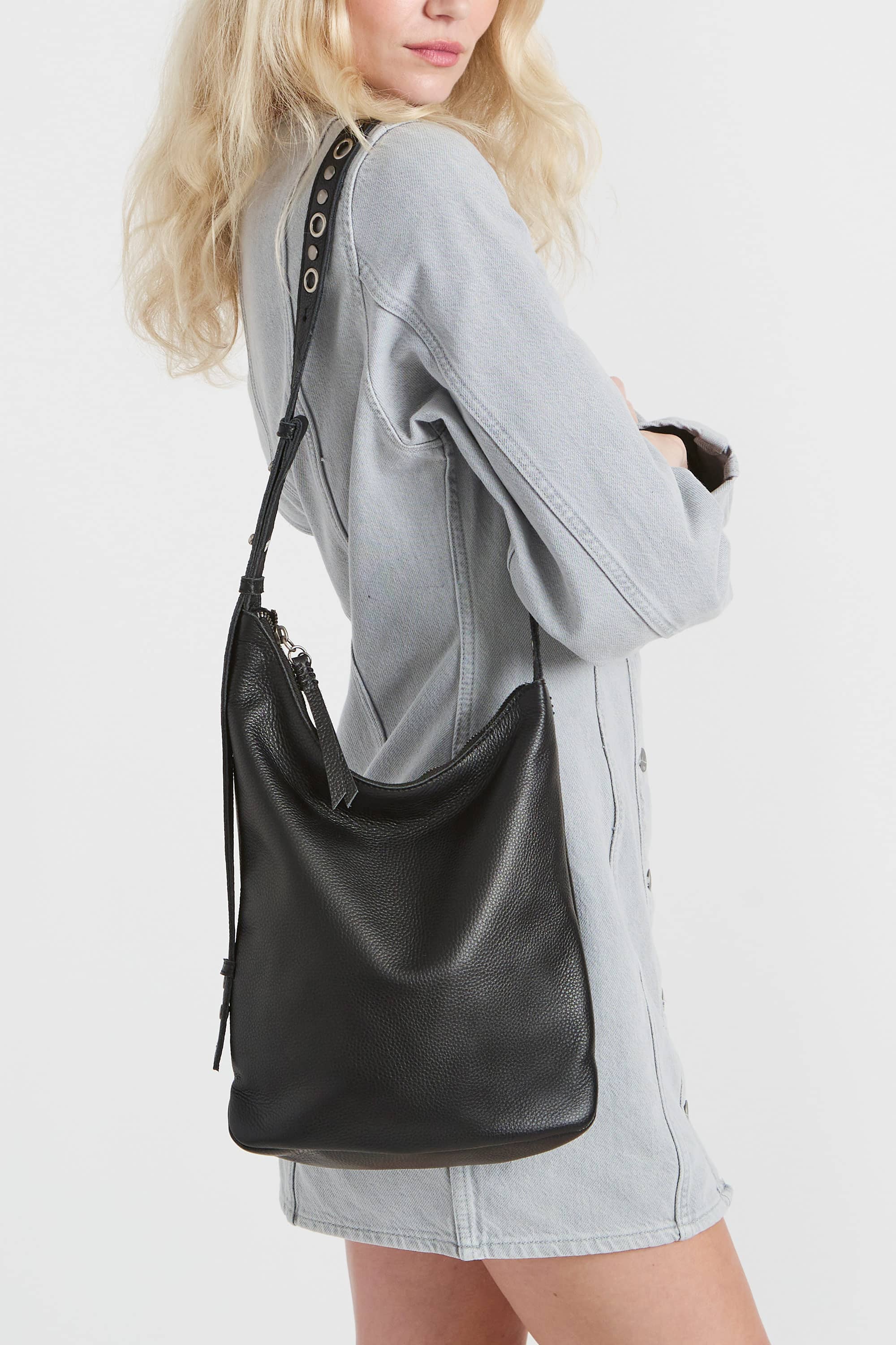Tess Asymetrical Leather Bucket, Alternate, color, Black Belt