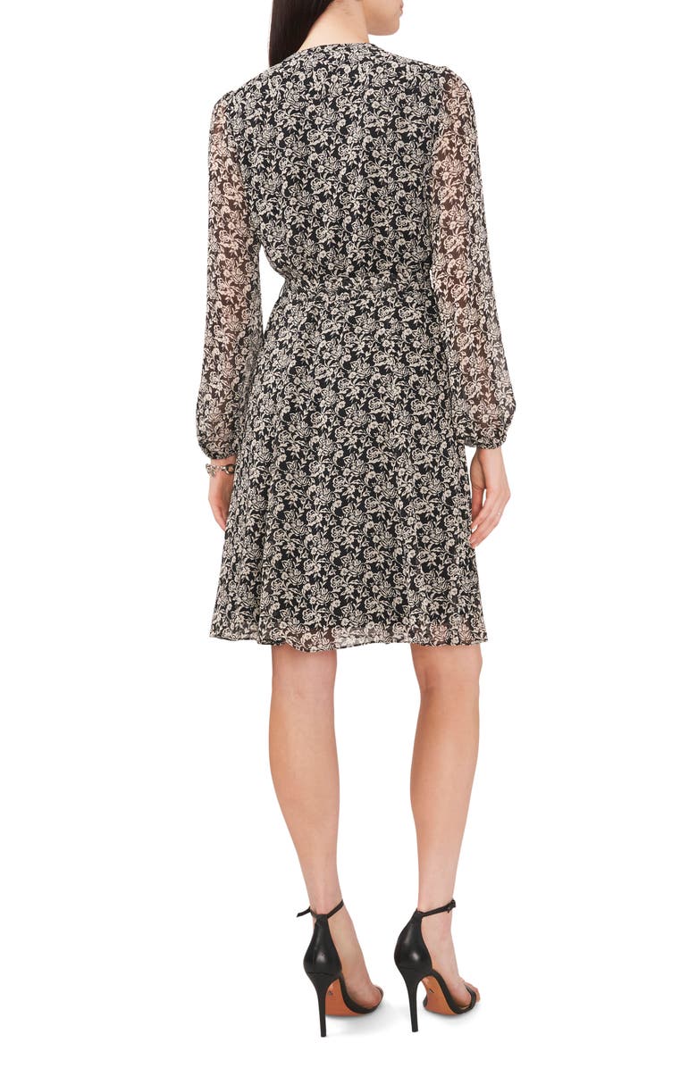 Chaus Floral Pintuck Long Sleeve Tie Waist Shirtdress, Alternate, color, Black/Ivory 003