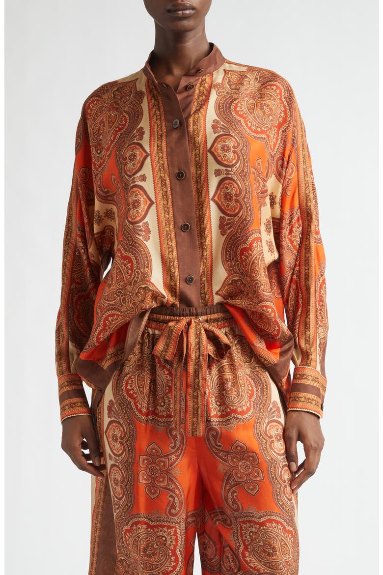 Mahon Paisley Print Habutai Silk Button-Up Shirt, Main, color, TANGERINE PAISLEY