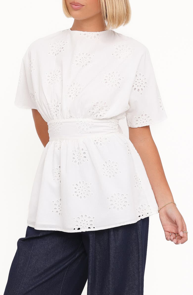 Petal & Pup Carmel Tie Back Cotton Broderie Anglaise Tunic, Main, color, White Embroidery