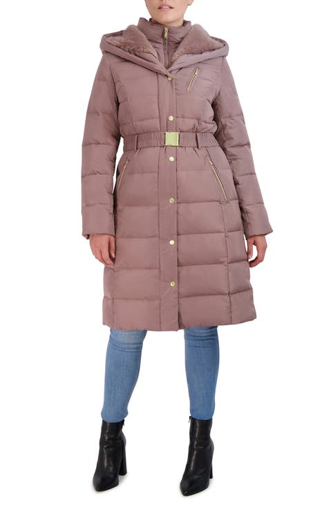 Taffeta Down Faux Fur Trimmed Belted Coat