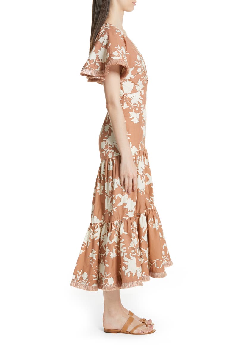 Tea House Raffia Trim Floral Print Dress, Alternate, color, CAMEL/ ECRU