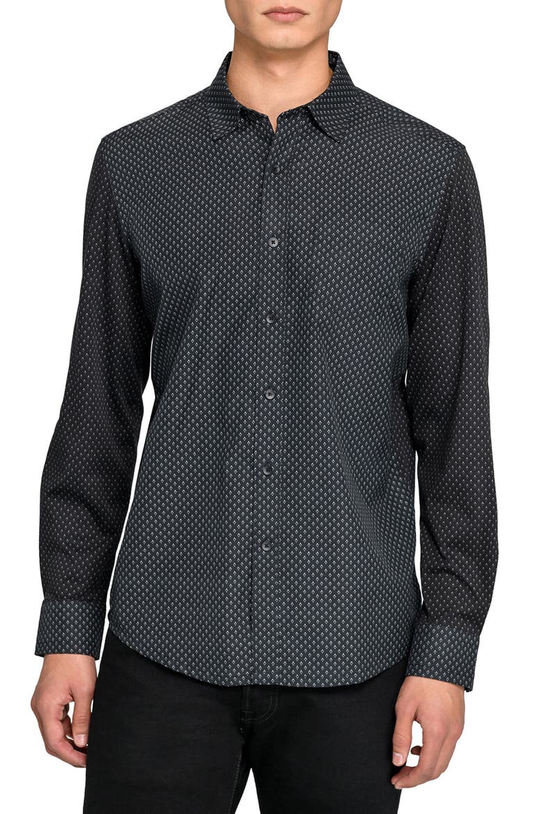 Reworked Slim Fit Black Diamond Print Cotton Button-Up Shirt, Main, color, BLACK