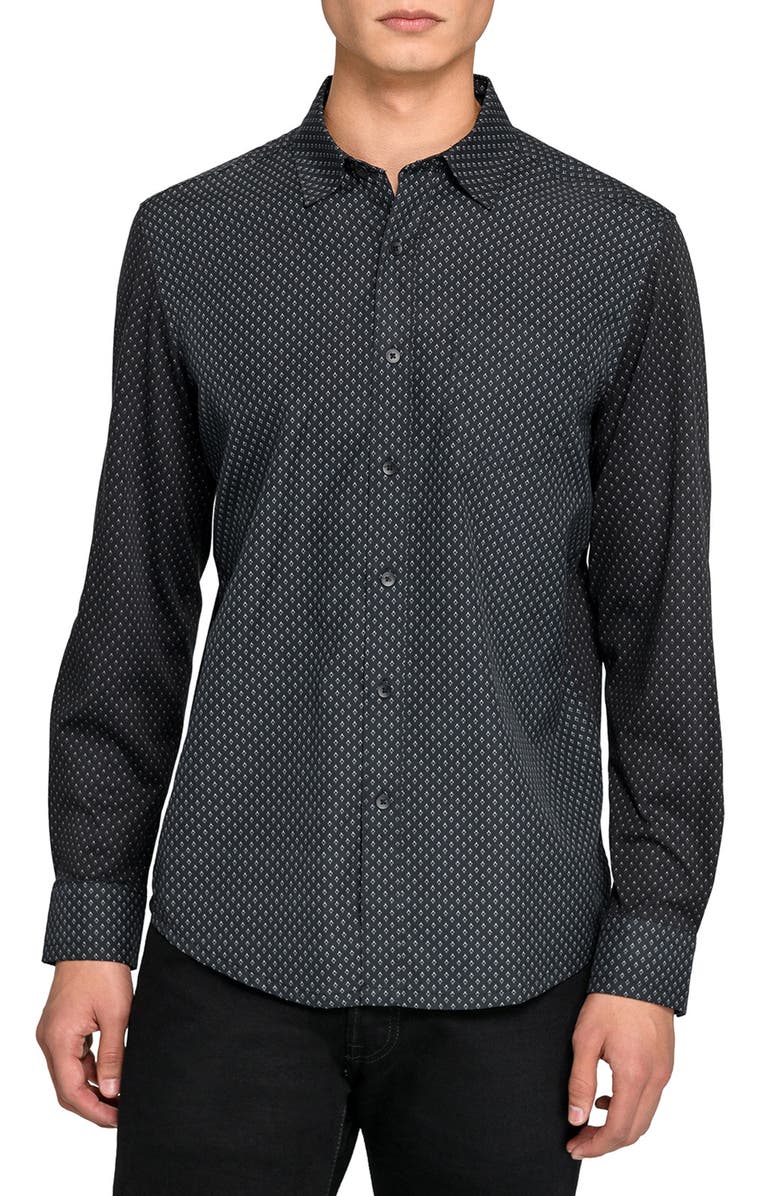 W.R.K Reworked Slim Fit Black Diamond Print Cotton Button-Up Shirt, Main, color, Black