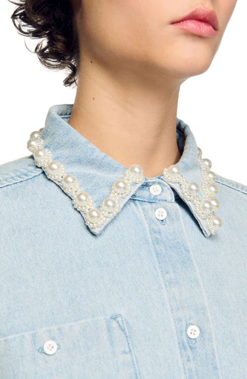 Sandro Denim Shirt With Beaded Collar In Light Bu Jean