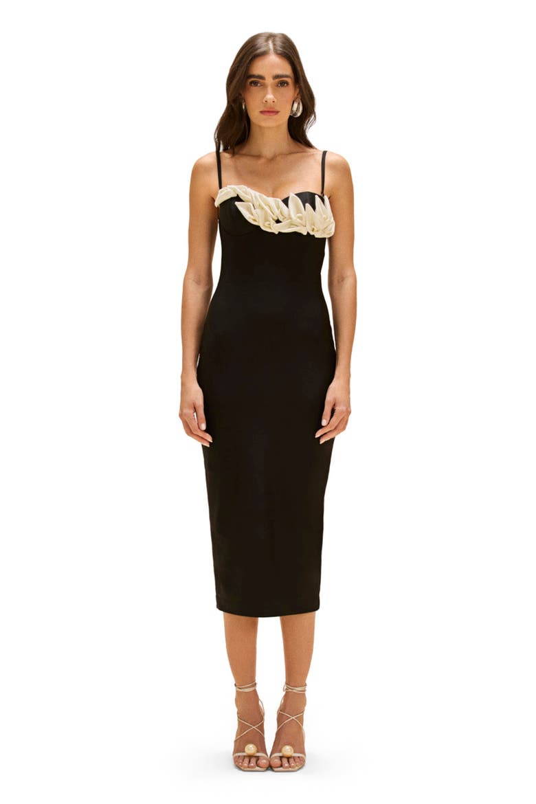 Selene Mesh Flower Applique Midi Dress, Main, color, BLACK