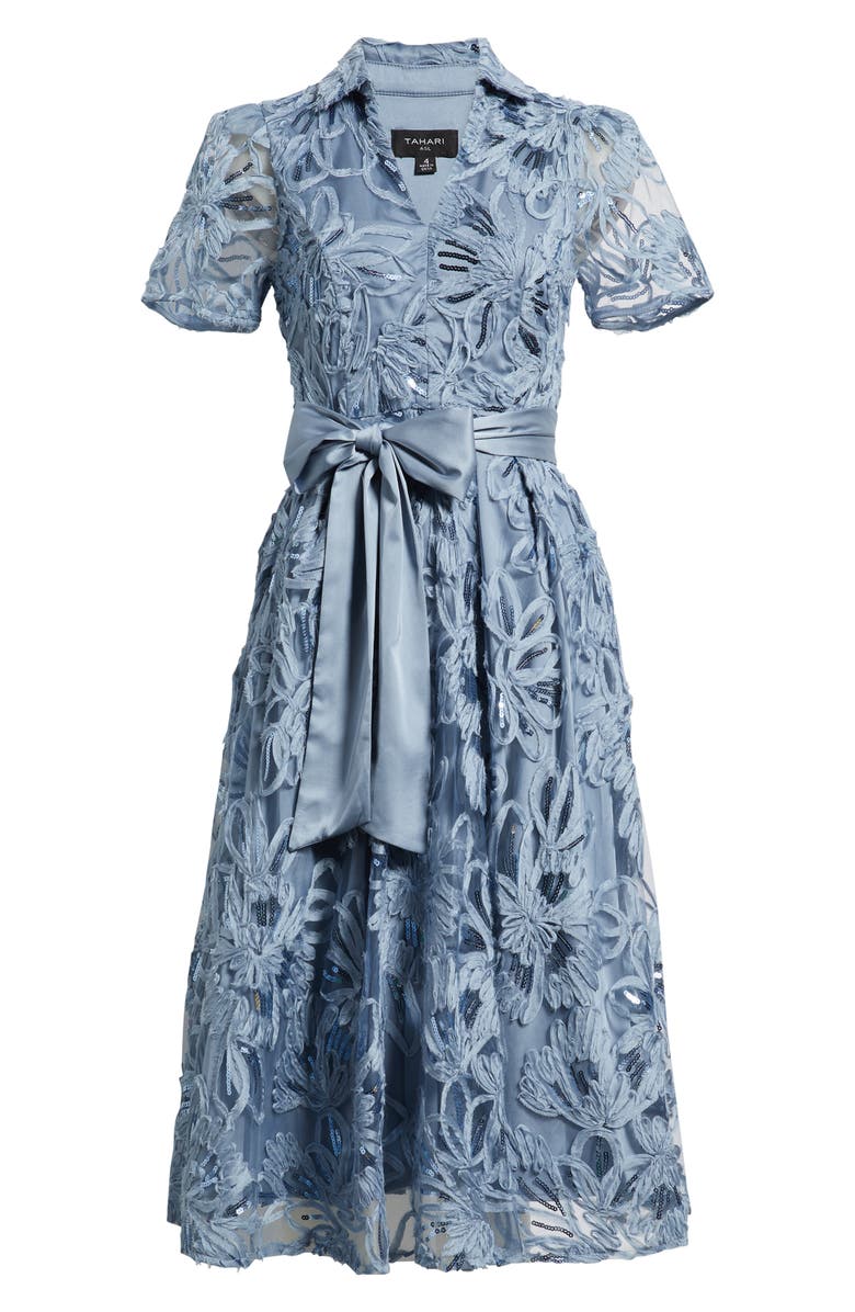 Tahari ASL Sequin Soutache Lace Cocktail Midi Dress, Alternate, color, Sky Blue