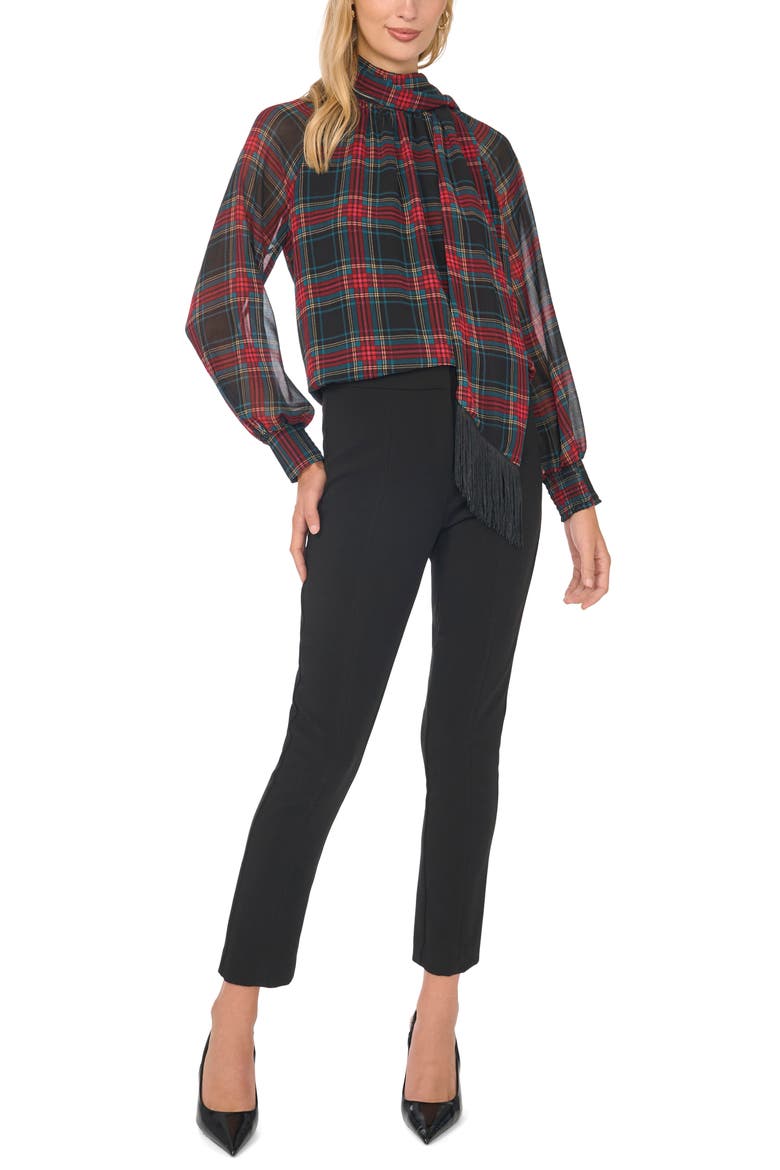 Plaid Fringe Trim Tie Neck Top, Alternate, color, RICH BLACK