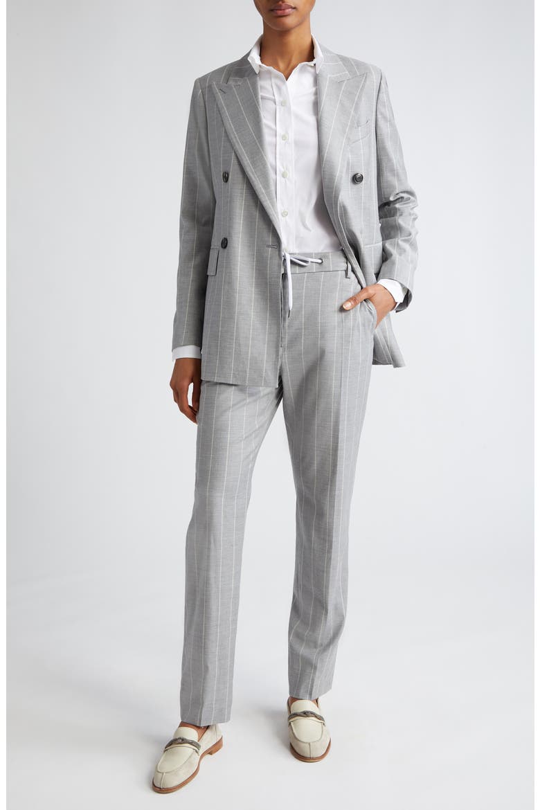 Pinstripe Double Breasted Virgin Wool Blend Blazer, Alternate, color, GRAY