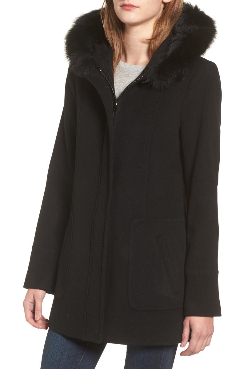 SACHI Hooded Wool Blend Coat with Genuine Fox Fur Trim, Alternate, color,