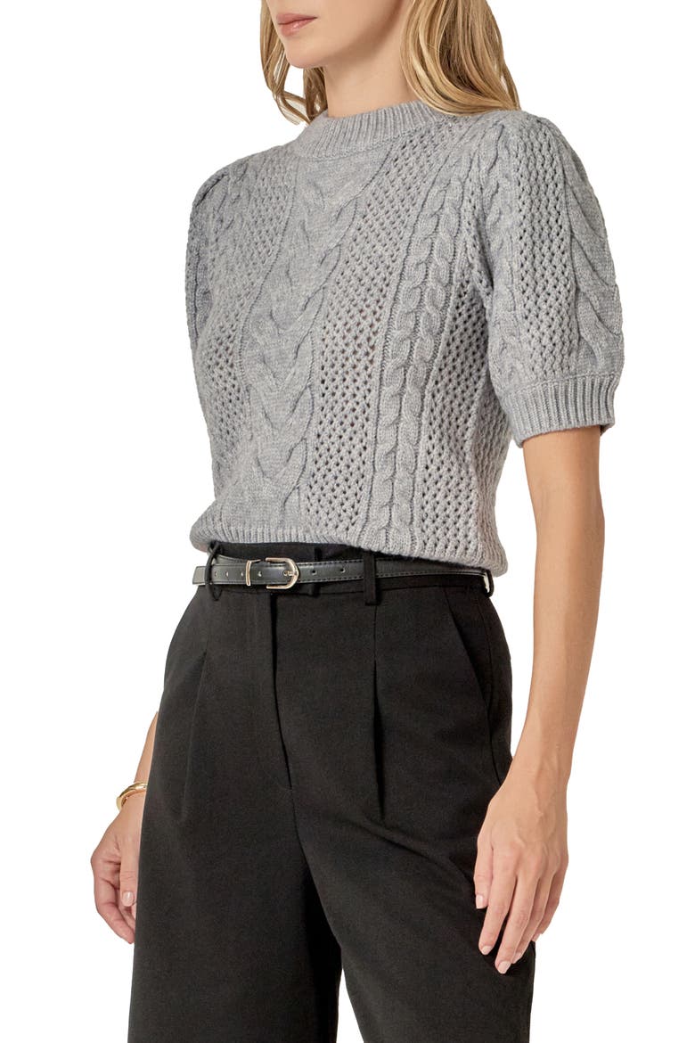 Puff Sleeve Cable Knit Sweater, Alternate, color, GREY