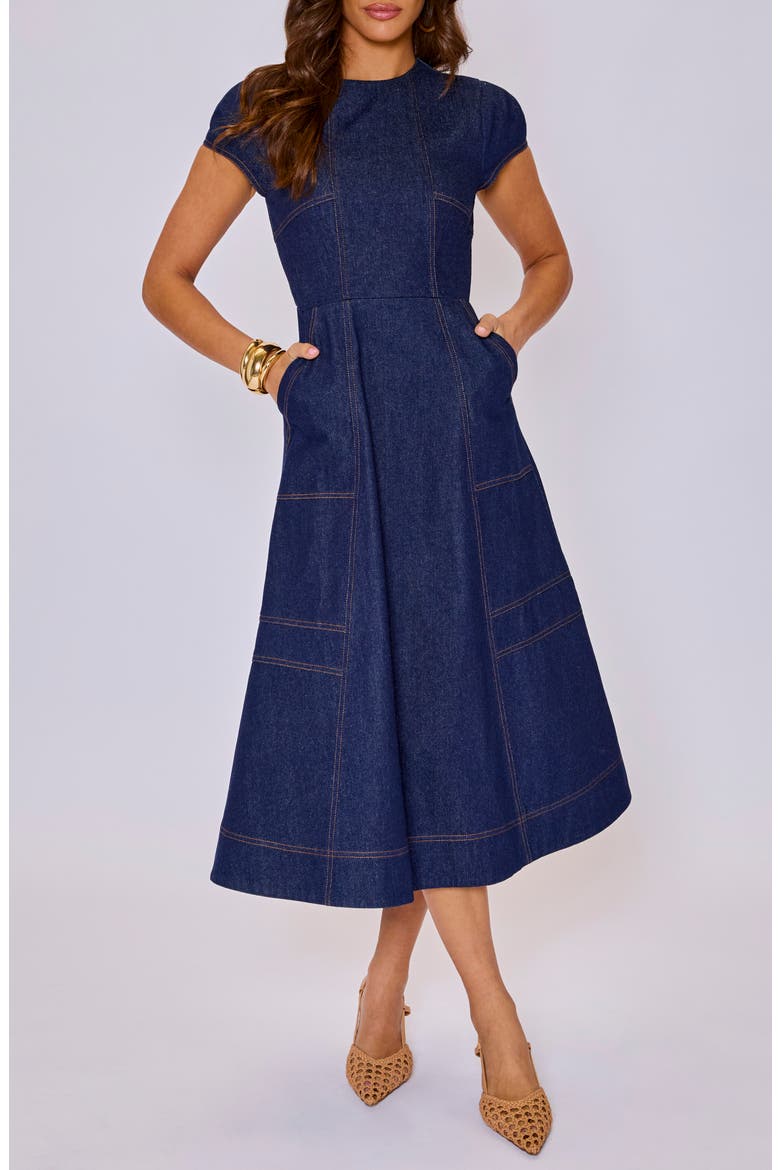 Margot Denim Midi Dress, Main, color, DARK DENIM