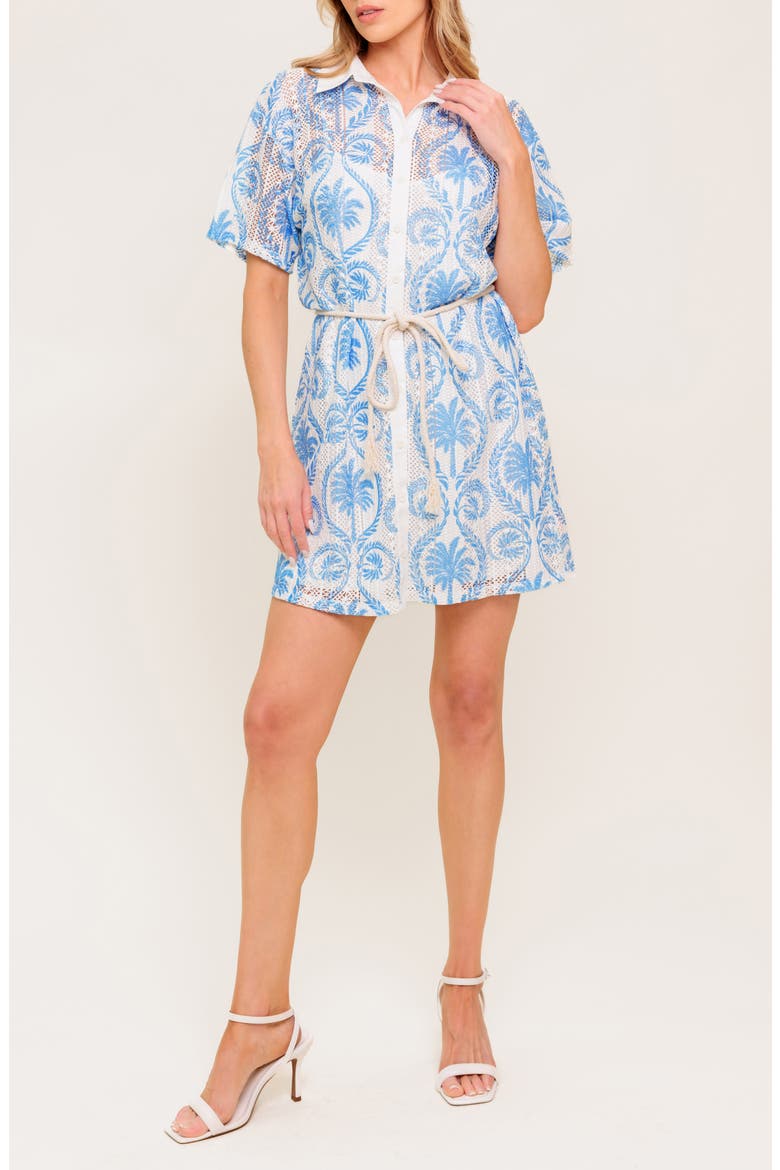 Palm Print Short Sleeve Lace Shirtdress, Alternate, color, IVORY BLUE