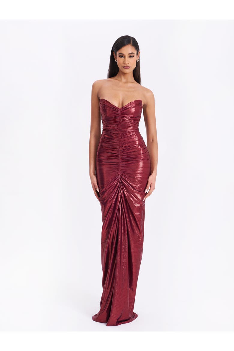 Sabble Long Mermaid Ruched Glitter Evening Gown, Alternate, color, Burgundy