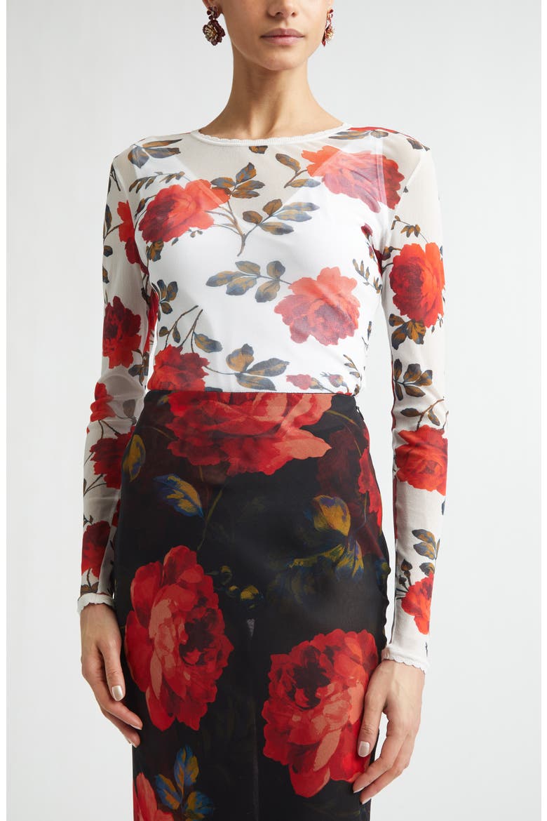 Rose Print Silk Mesh Top, Alternate, color, IVORY MULTI