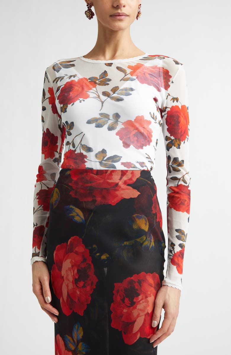 Carolina Herrera Rose Print Silk Mesh Top, Alternate, color, Ivory Multi