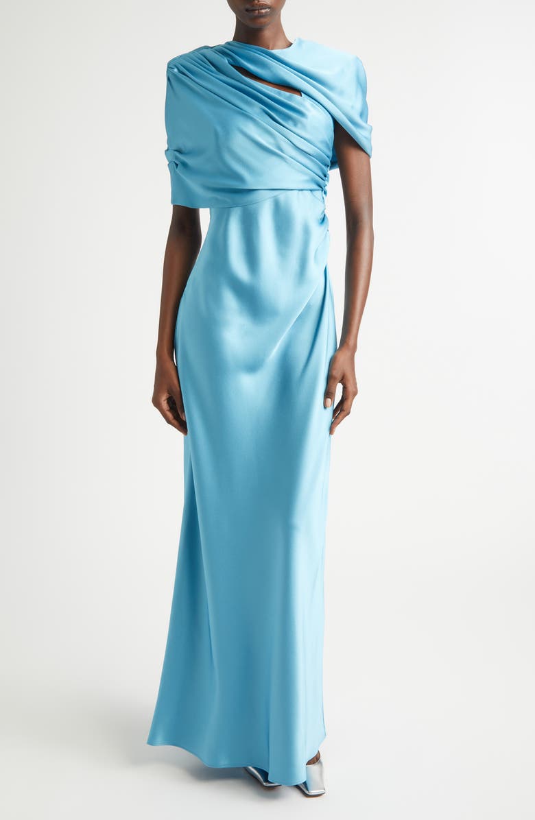Stella McCartney Draped Satin Cape Gown, Main, color, Steel Blue