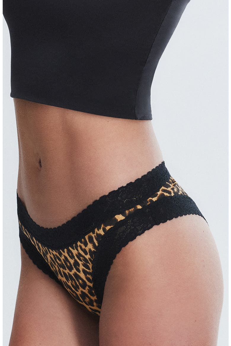 Essentials Lace Trim Stretch Cotton Cheeky Briefs, Alternate, color, SUGA BEIGE ON THE PROWL PRINT