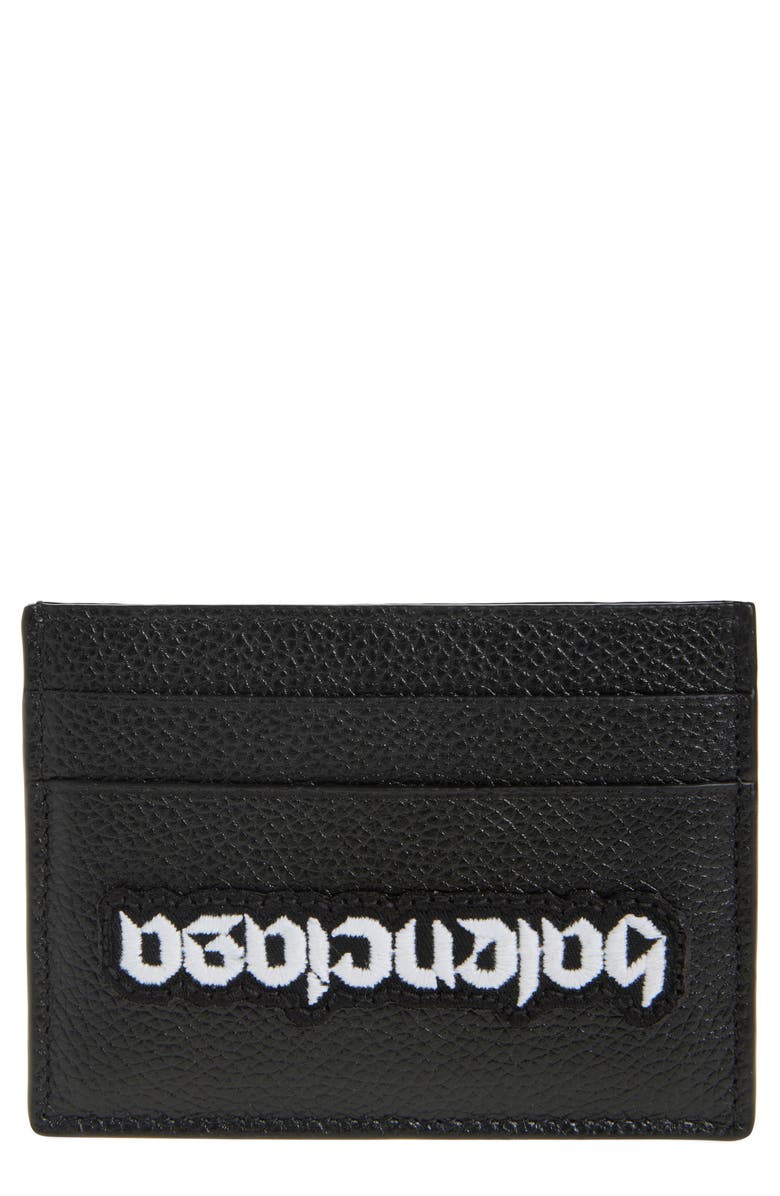 Balenciaga Upside Down Logo Leather Card Holder, Main, color, Black