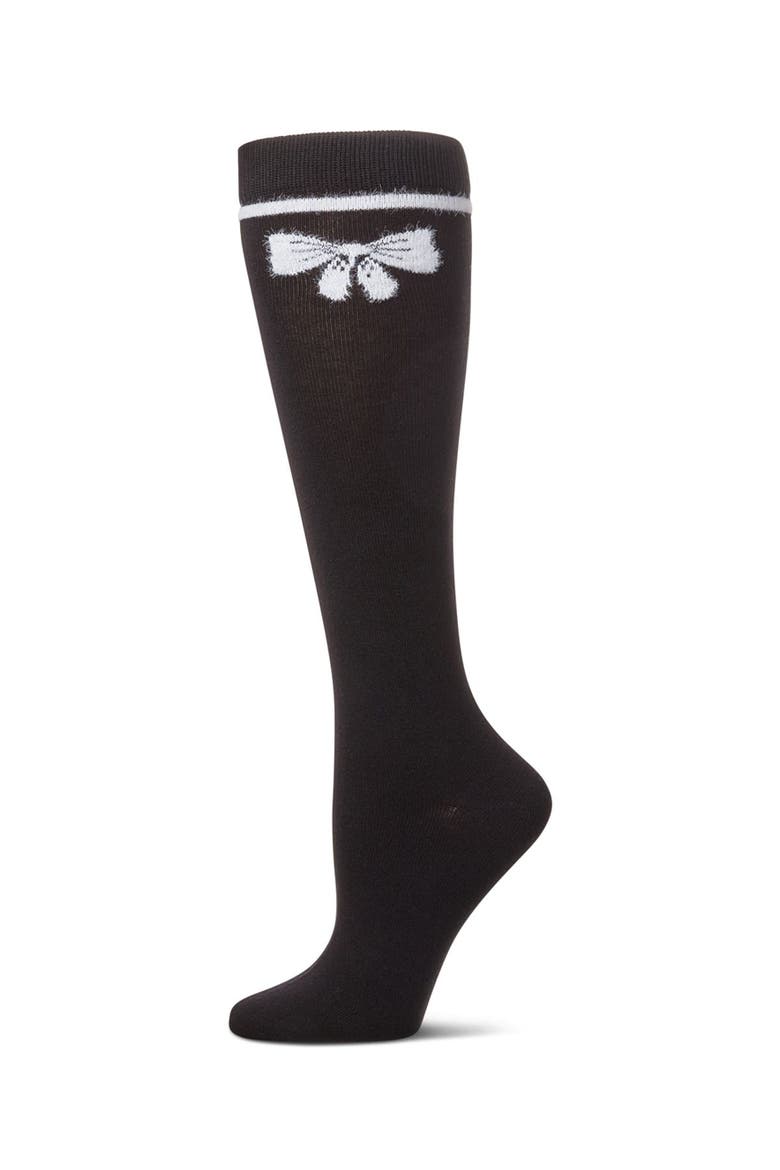 Fuzzy Bow Knee High Socks, Main, color, Black