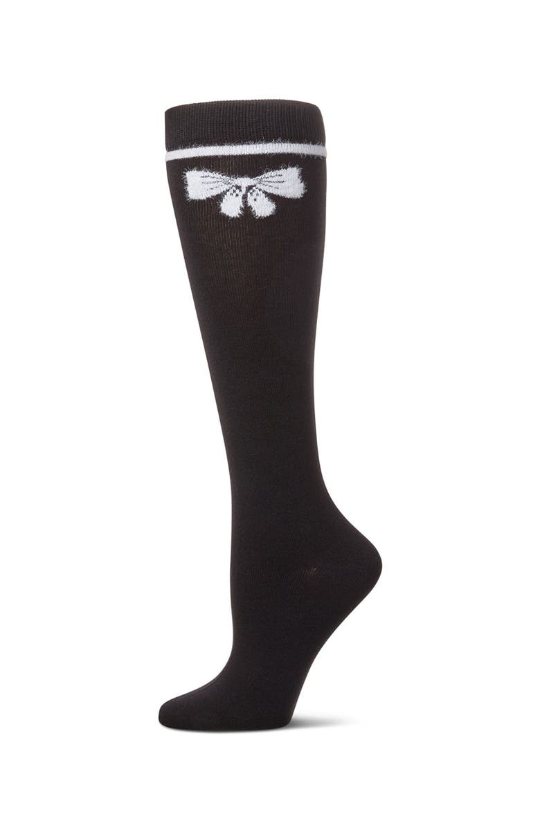 MeMoi Fuzzy Bow Knee High Socks, Main, color, Black
