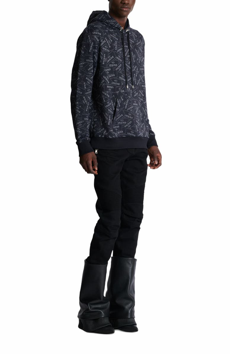 Balmain Hoodie With All-Over Balmain Label Print, Alternate, color, Black