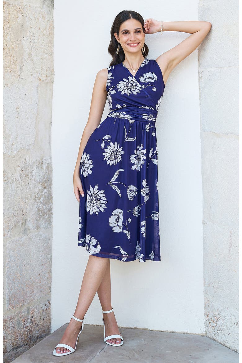 Floral Print Stretch Mesh Dress, Alternate, color, Navy