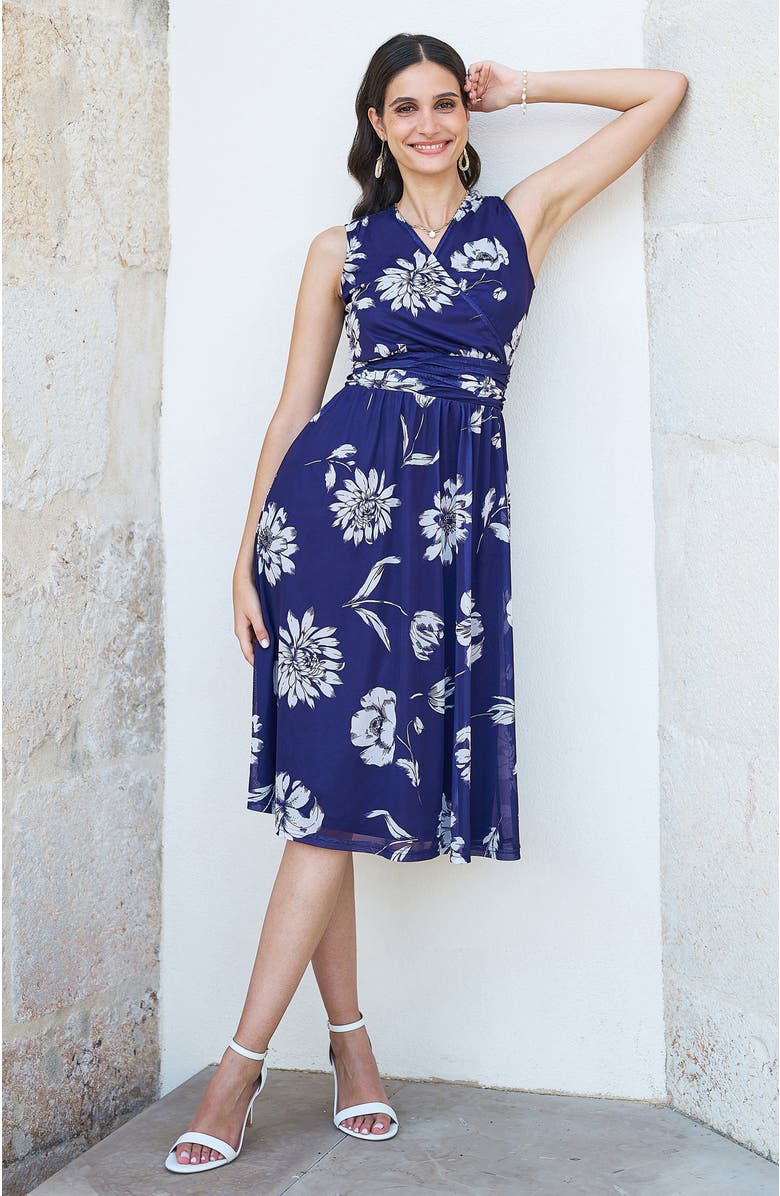 Yumi Floral Print Stretch Mesh Dress, Alternate, color, Navy