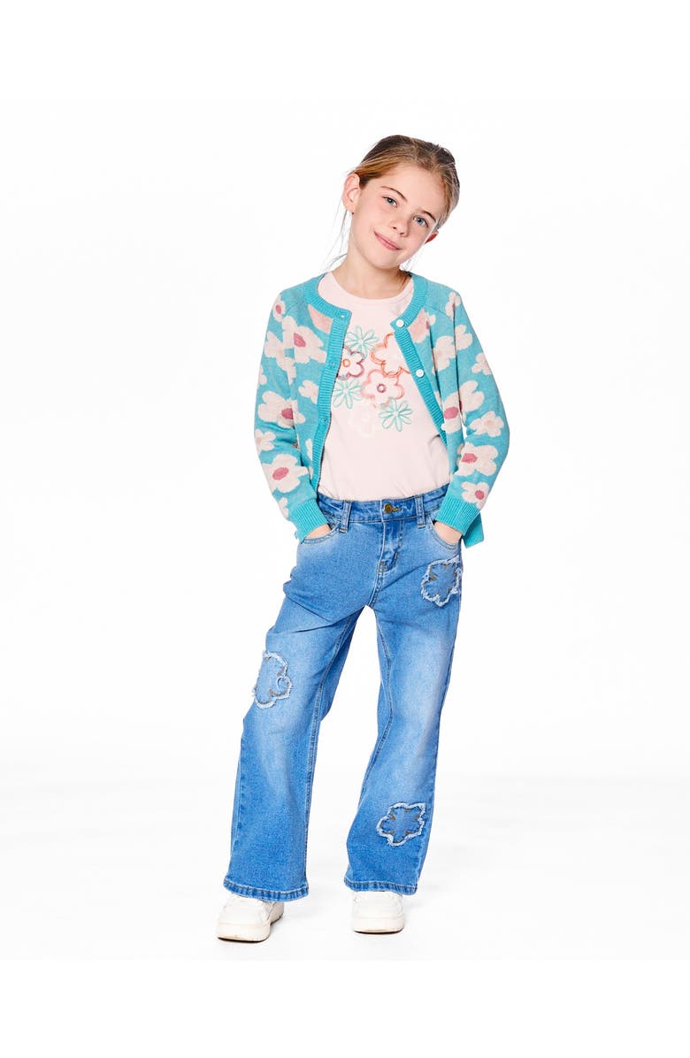 Deux par Deux Wide Leg Stretch Jeans with Flower Stitching, Main, color, Light Blue Denim