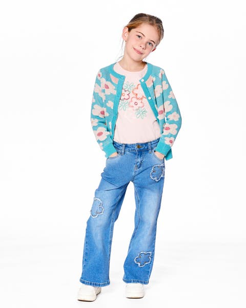 Wide Leg Stretch Jeans with Flower Stitching (Toddler & Little Kid)