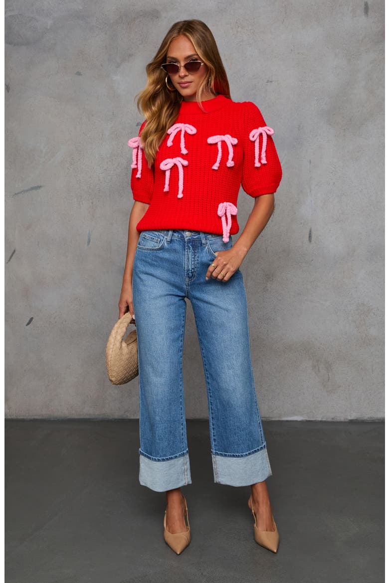 Tied Down Bow Detail Puff Sleeve Sweater, Alternate, color, RED
