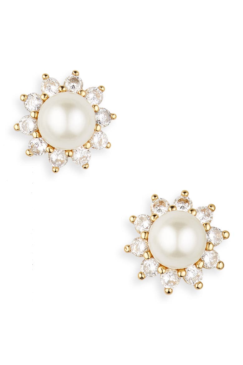 imitation pearl & crystal halo stud earrings, Main, color, WHITE MULTI
