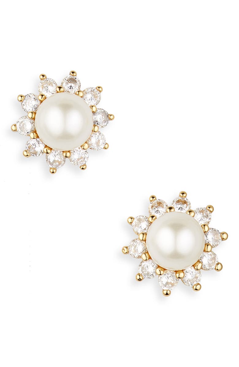 Kate Spade New York imitation pearl & crystal halo stud earrings, Main, color,