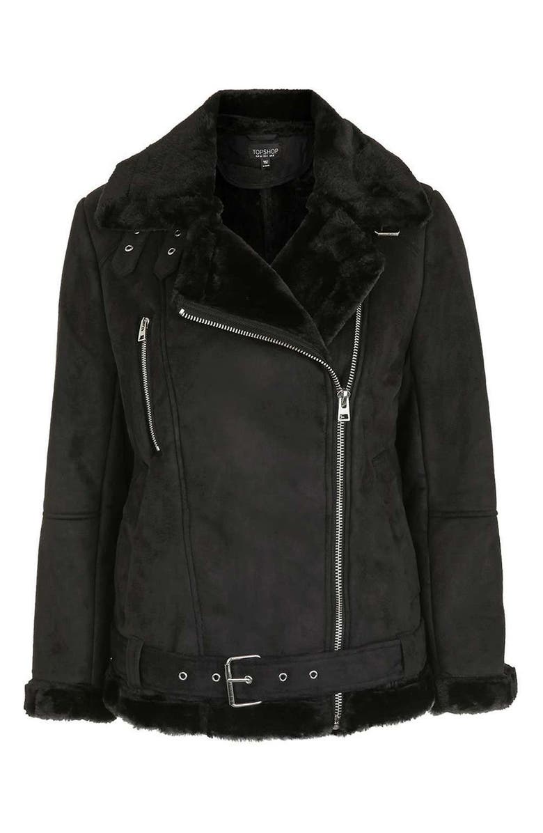 Topshop April Faux Shearling Biker Jacket, Alternate, color, 