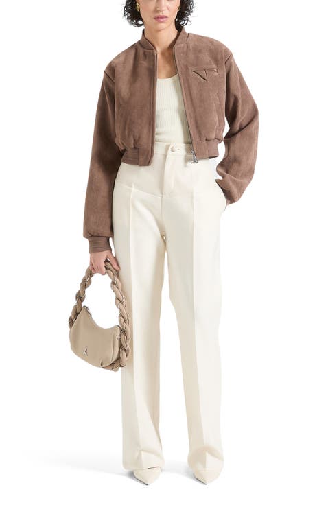 Monique Suede Wide Shoulder Bomber Jacket