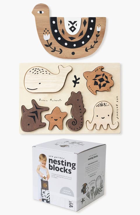 Ocean Themed Wooden Tray Puzzle, Nesting Blocks and Wooden Nesting Bird Bundle