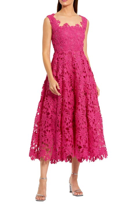 Sleeveless Square Neck Lace A-Line Midi Dress