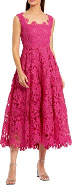 Mac Duggal Sleeveless Square Neck Lace A-Line Midi Dress