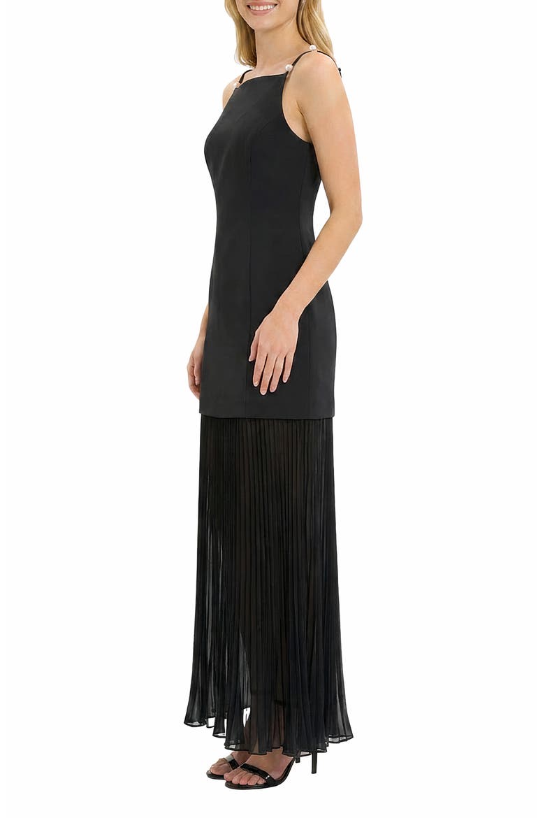 Faux Pearl Strap Mixed Media Gown, Alternate, color, BLACK/ BLACK